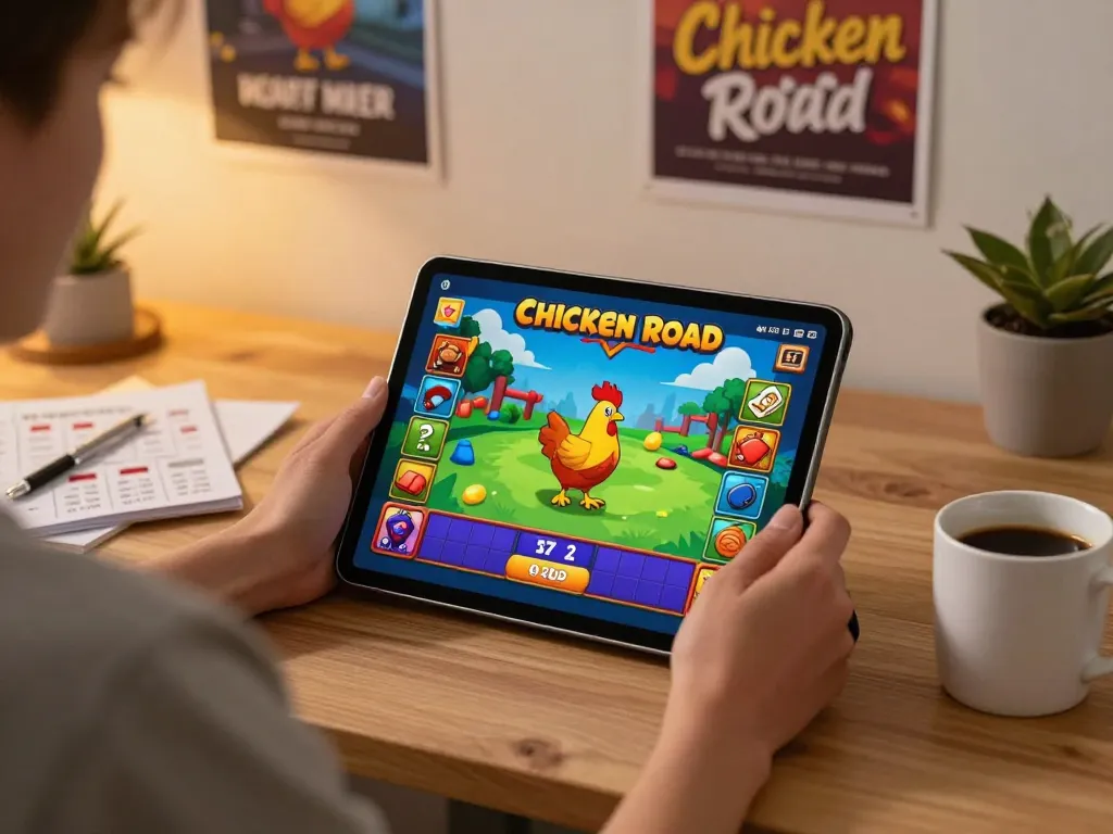 Gioco coinvolgente di recensioni chicken road visualizzato su un tablet in un ambiente domestico moderno, evidenziando l'attività di gioco vivace.