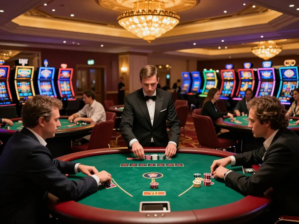 Players enjoying their game at surewin casino table surrounded by vibrant decor.
