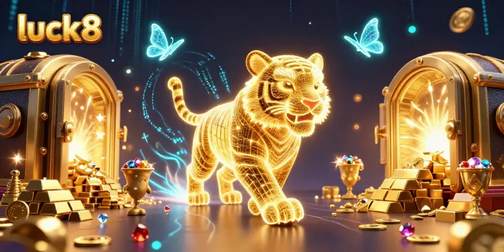 Experience luck8's electrifying casino adventure with a mesmerizing golden tiger amidst treasures and thrilling energy.