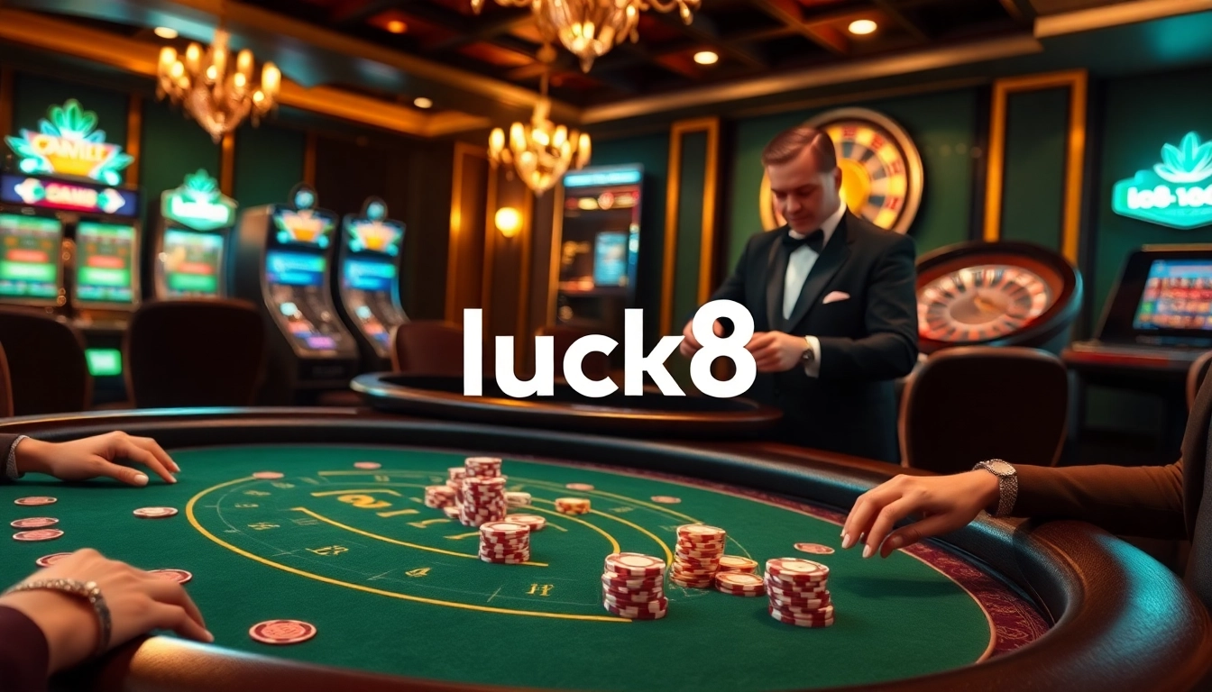 Experience high-stakes excitement with luck8 at a luxurious casino table featuring Blackjack, poker chips, and a roulette wheel.