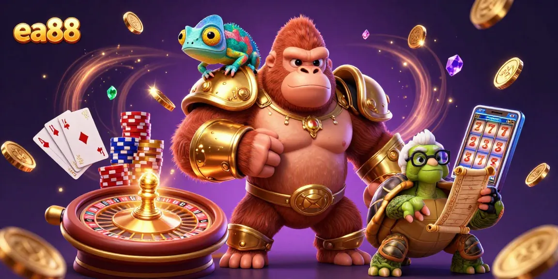 Play exciting slots and games at ea88 featuring vibrant 3D cartoon characters in a rich casino atmosphere.