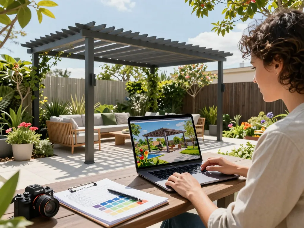 Progettazione di un configuratore pergole 3D in un ambiente outdoor vibrante con un designer che utilizza tecnologie moderne.