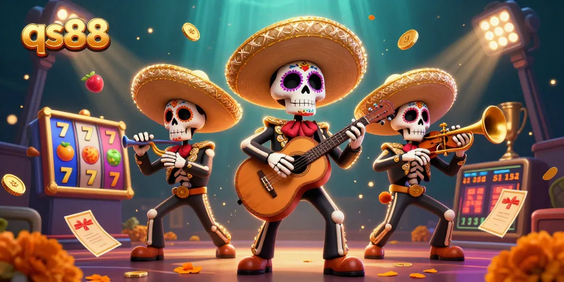Join the excitement at qs88 with 3D skeleton mariachi band celebrating wins in vibrant casino atmosphere.