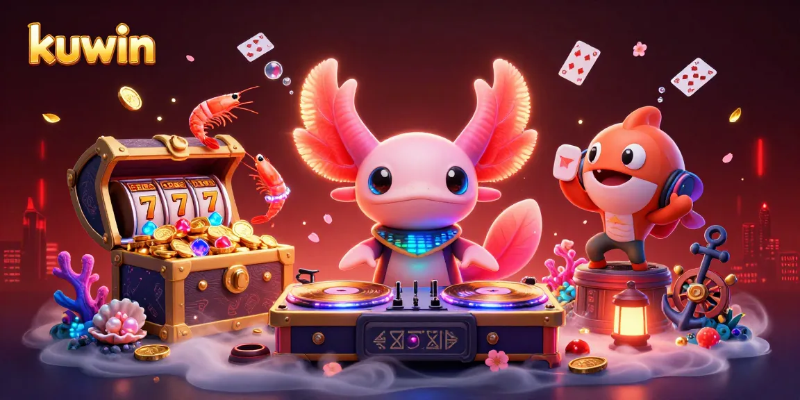 kuwin players enjoying vibrant slot games with dynamic characters in a lively casino environment